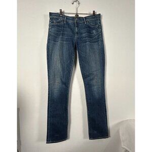 Goldsign Womens Mid-Rise Straight-Leg Jeans Blue Denim Distressed Made in USA